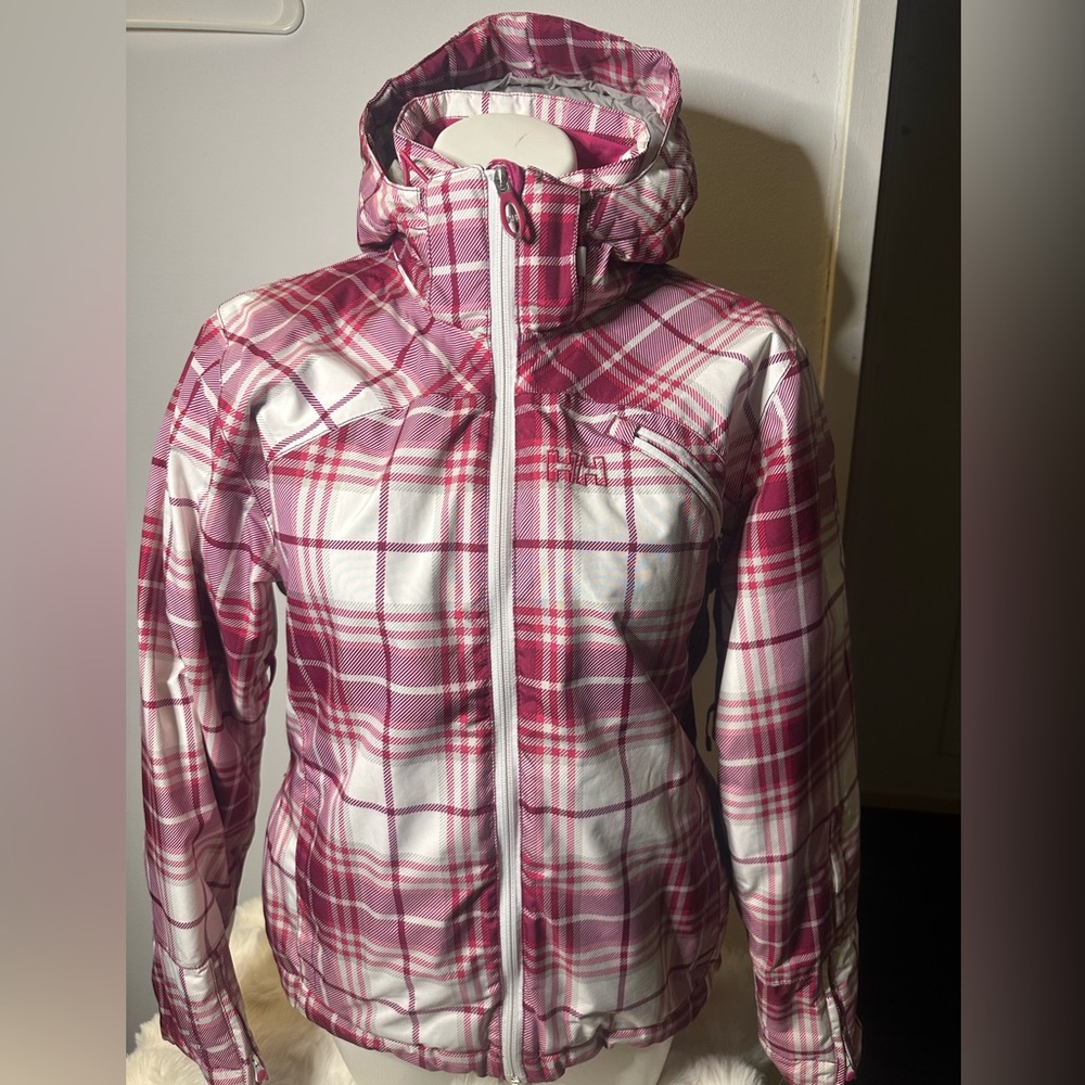 Helly Hansen Women's Pink and White Plaid Ski Jacket
